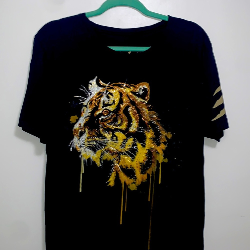 Robins jeans T-shirt with rhinestones on tiger